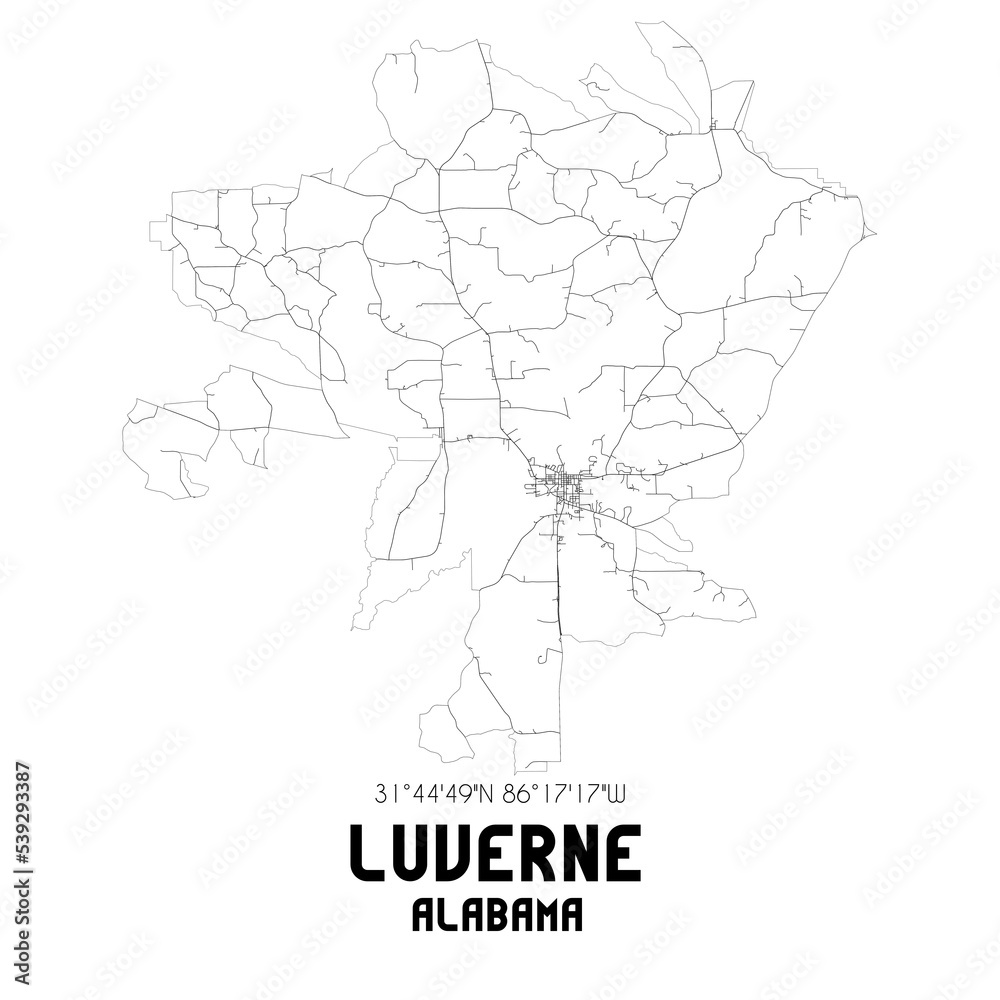 Luverne Alabama. US street map with black and white lines.