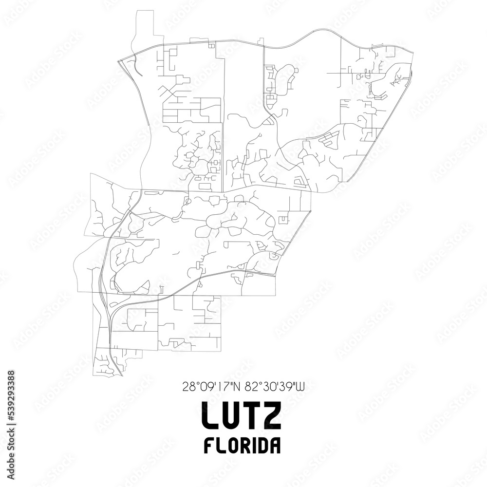 Lutz Florida. US street map with black and white lines.