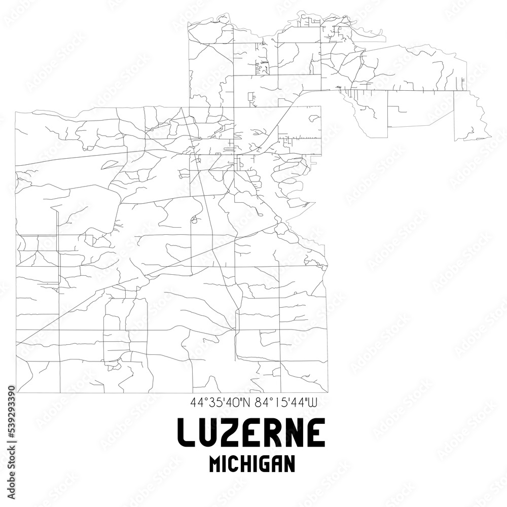 Luzerne Michigan. US street map with black and white lines.
