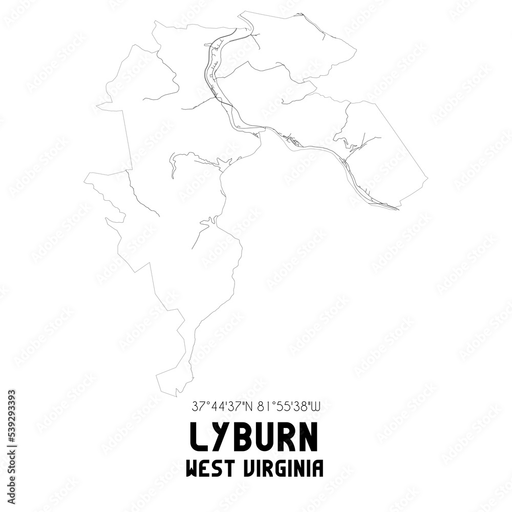 Lyburn West Virginia. US street map with black and white lines.