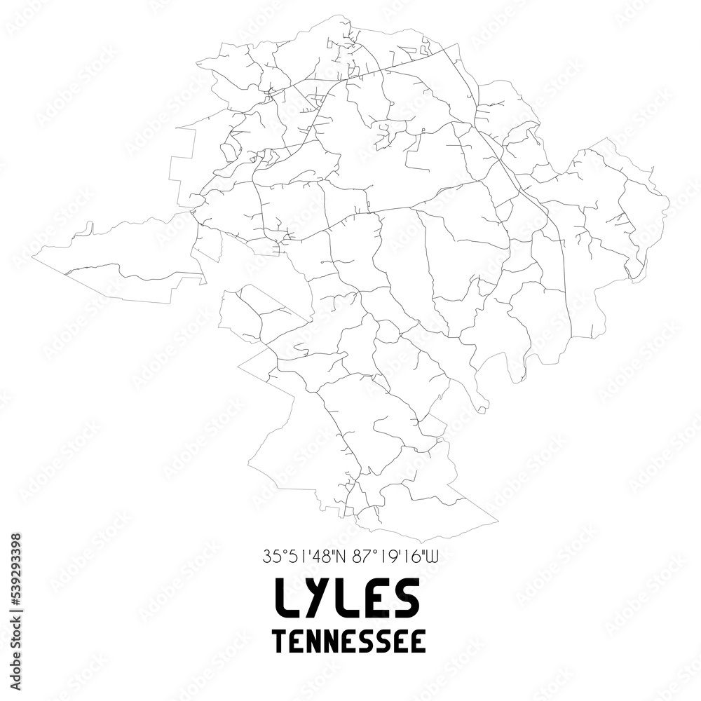 Lyles Tennessee. US street map with black and white lines.