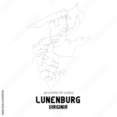 Lunenburg Virginia. US street map with black and white lines.