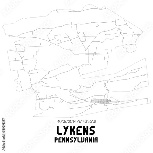 Lykens Pennsylvania. US street map with black and white lines.