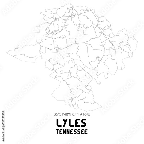 Lyles Tennessee. US street map with black and white lines.