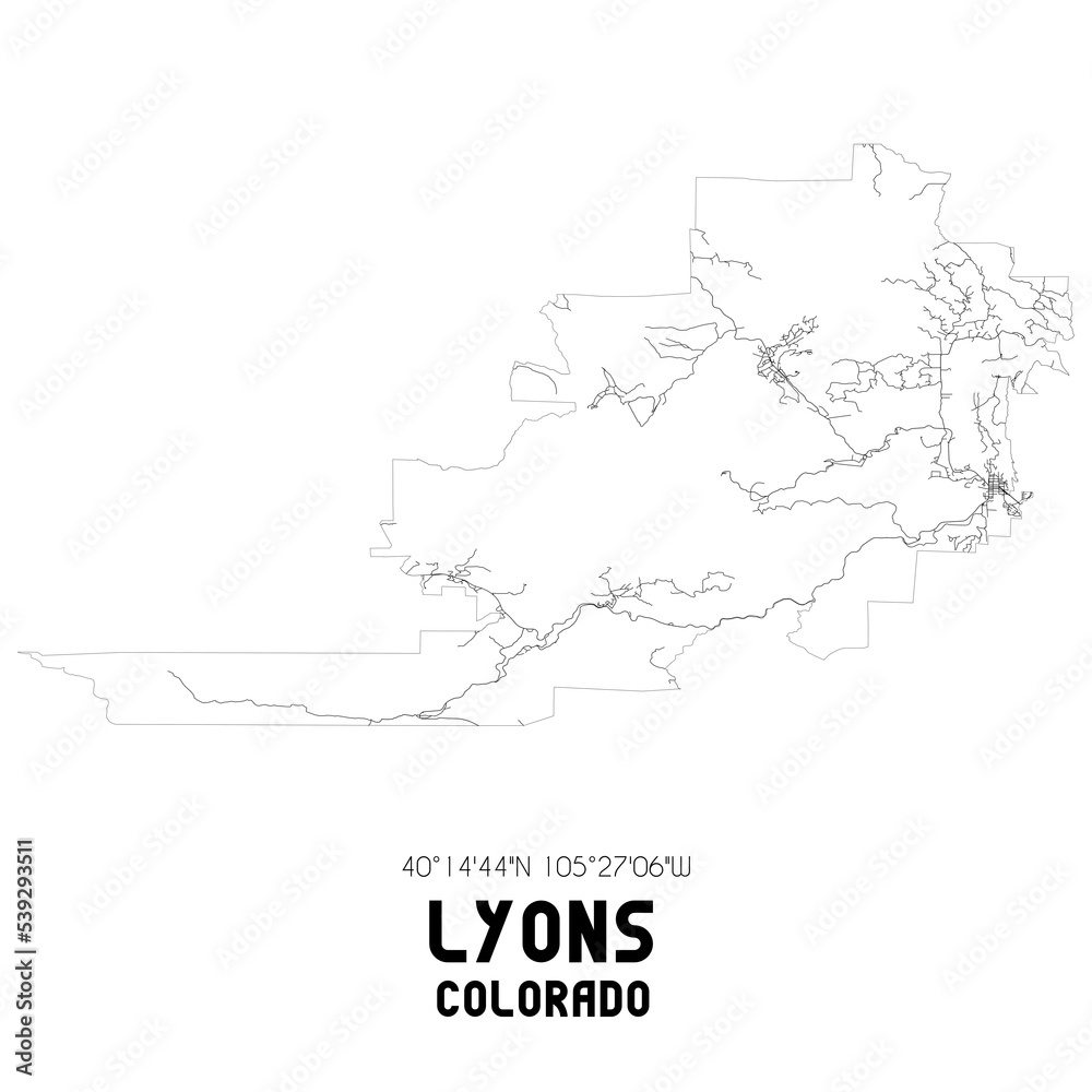 Lyons Colorado. US street map with black and white lines.