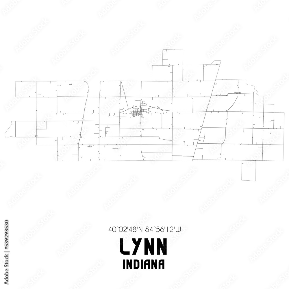 Lynn Indiana. US street map with black and white lines.