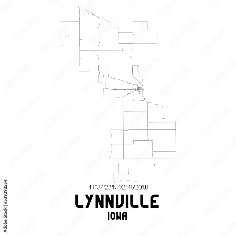 Lynnville Iowa. US street map with black and white lines.