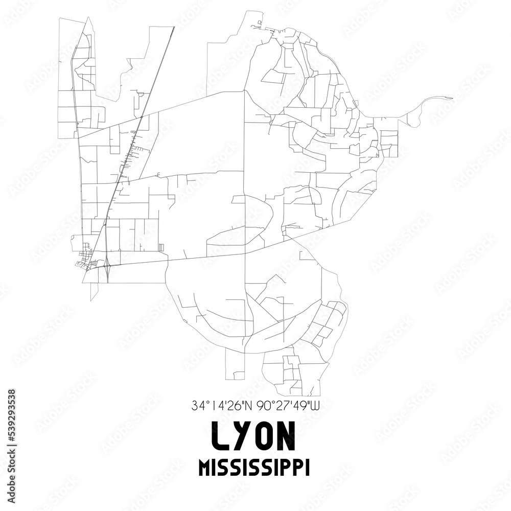 Lyon Mississippi. US street map with black and white lines.