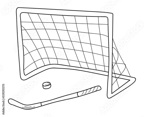 Equipment for playing hockey: stick, puck, goal. Doodle illustration highlighted on a white background. Vector elements of winter sports on ice.