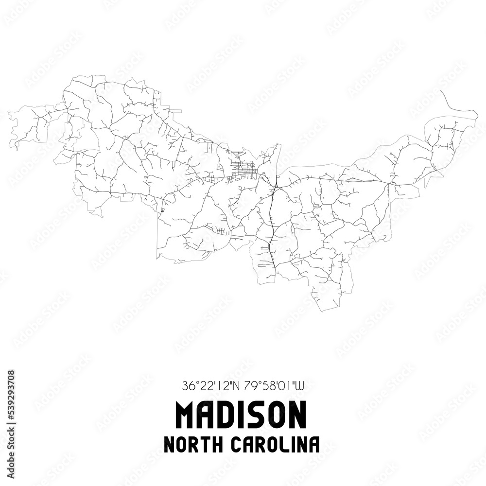 Madison North Carolina. US street map with black and white lines.