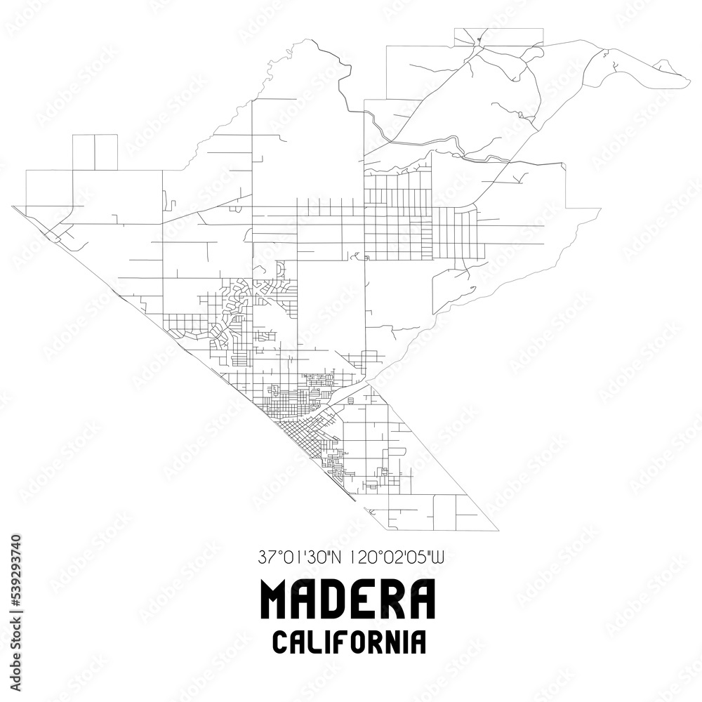 Madera California. US street map with black and white lines.