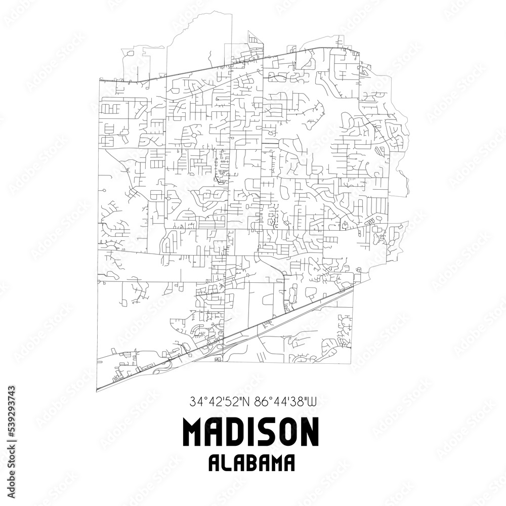 Madison Alabama. US street map with black and white lines.