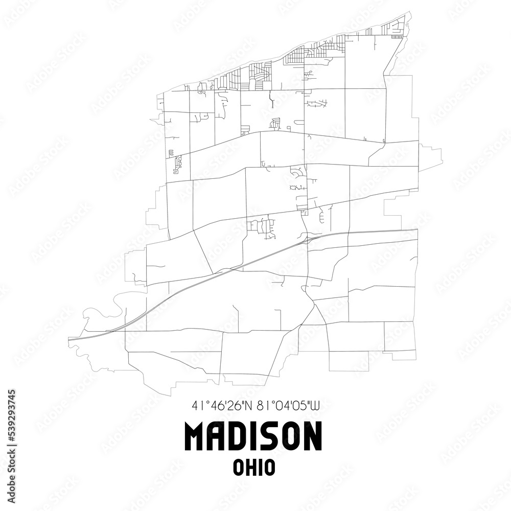 Madison Ohio. US street map with black and white lines.