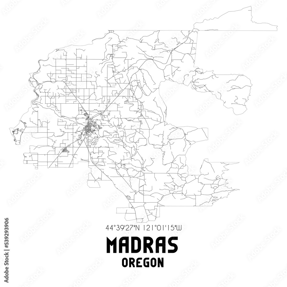 Madras Oregon. US street map with black and white lines.