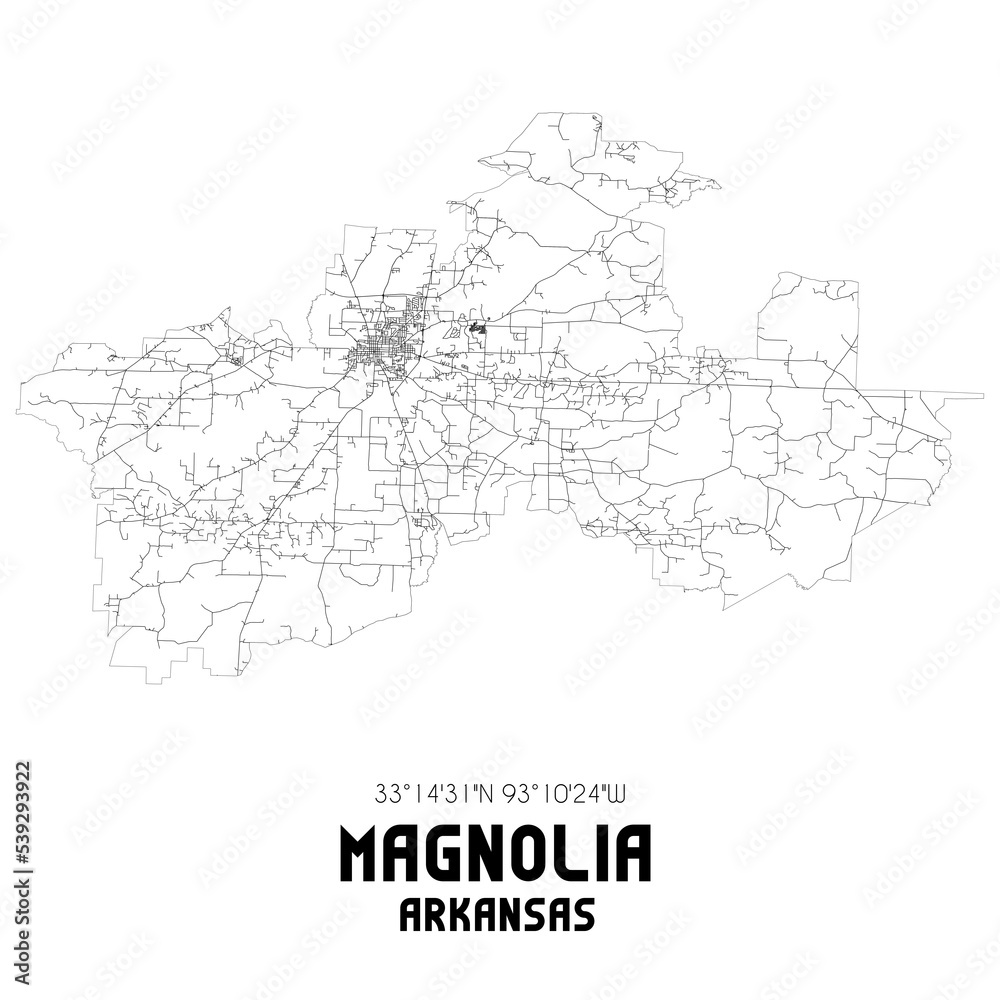 Magnolia Arkansas. US street map with black and white lines.