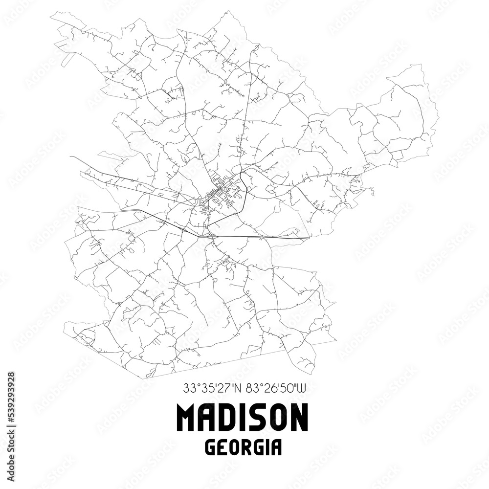 Madison Georgia. US street map with black and white lines.