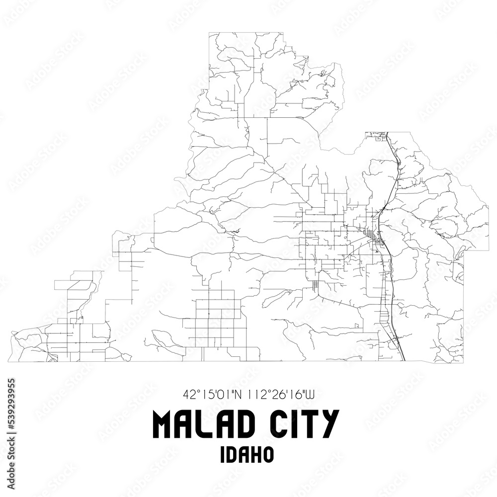 Malad City Idaho. US street map with black and white lines.