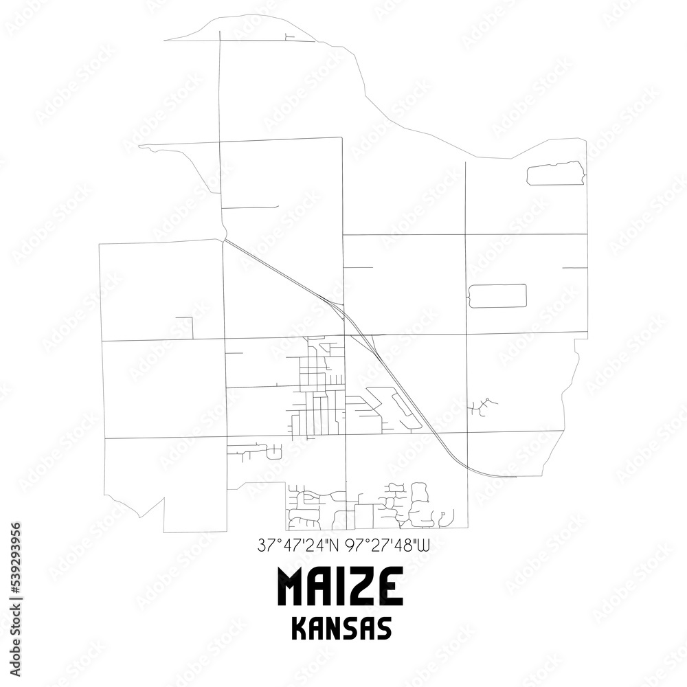 Maize Kansas. US street map with black and white lines.