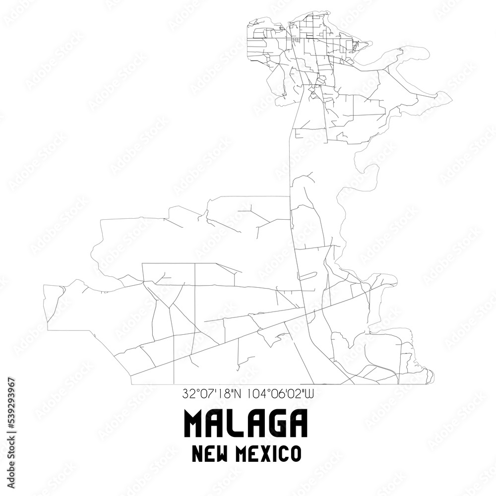 Obraz premium Malaga New Mexico. US street map with black and white lines.