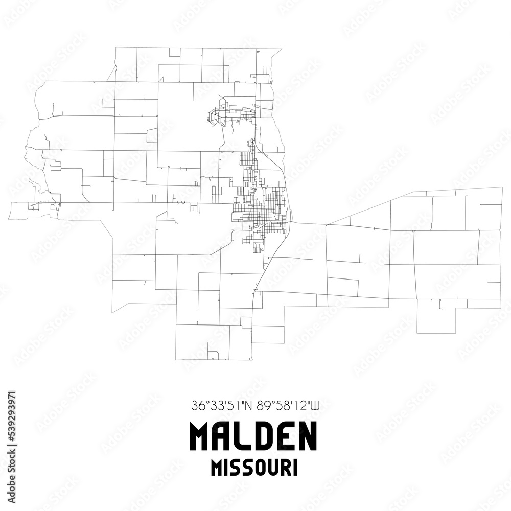 Malden Missouri. US street map with black and white lines.