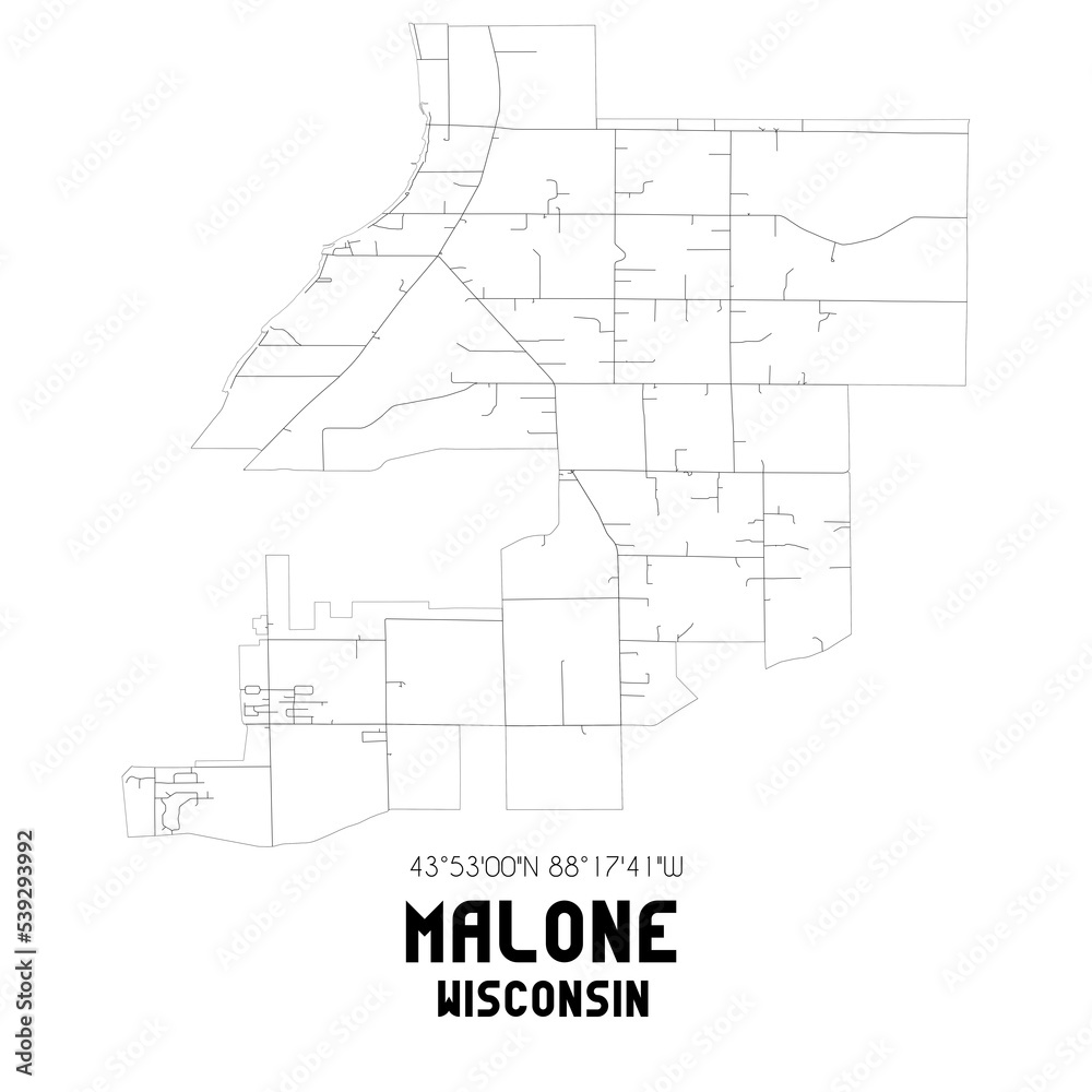 Malone Wisconsin. US street map with black and white lines.