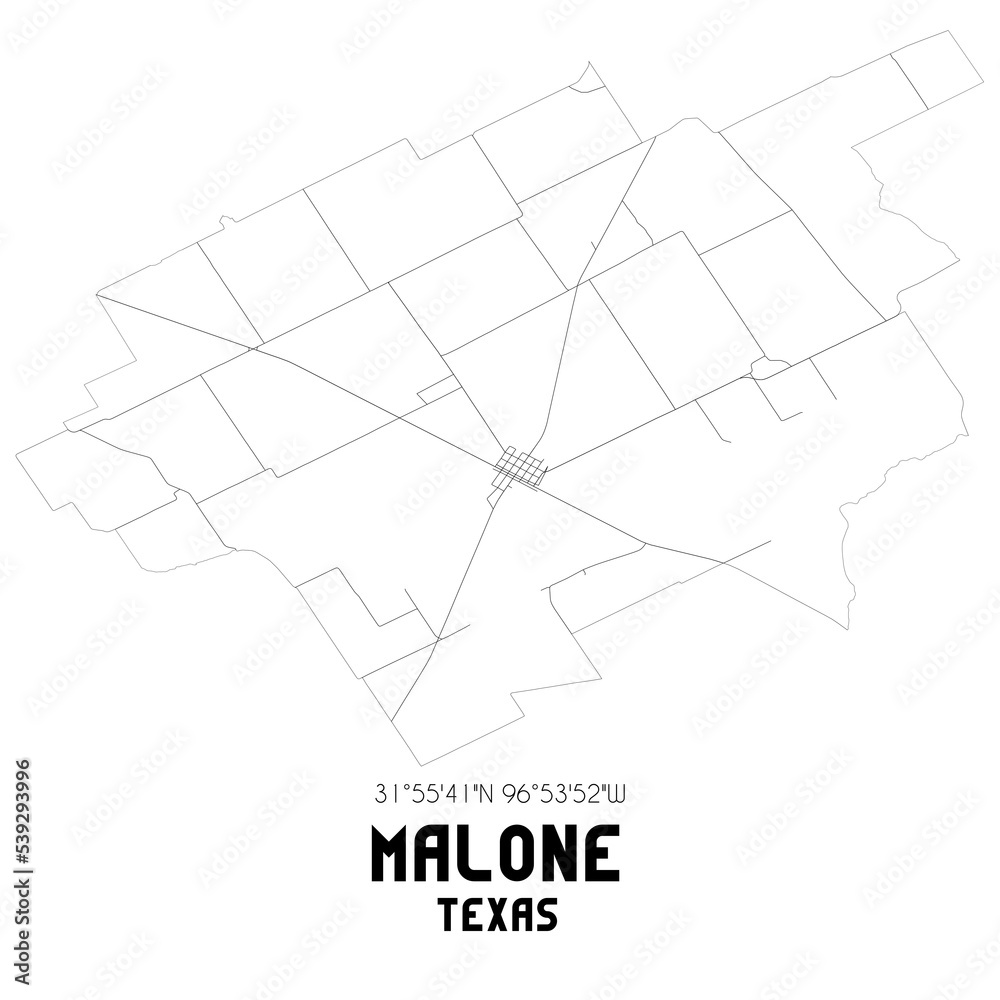 Malone Texas. US street map with black and white lines.