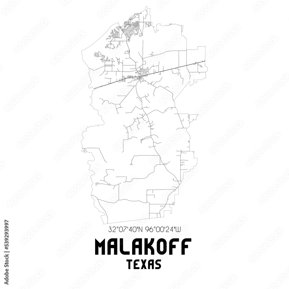 Malakoff Texas. US street map with black and white lines.