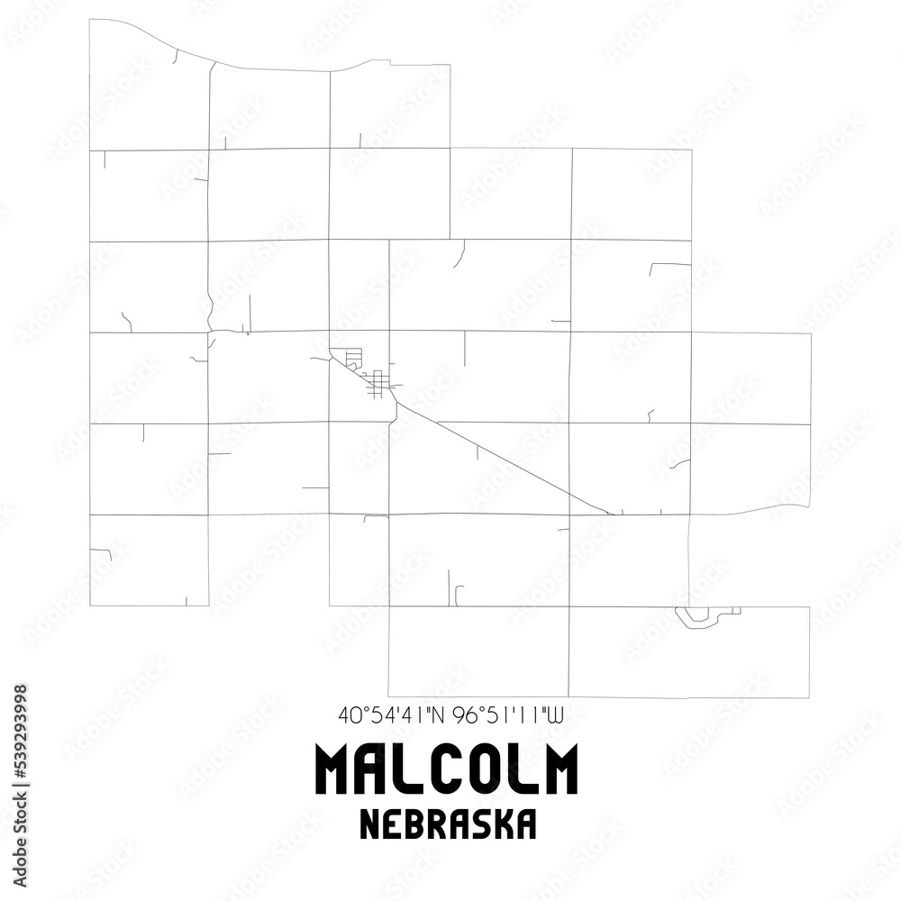 Malcolm Nebraska. US street map with black and white lines.