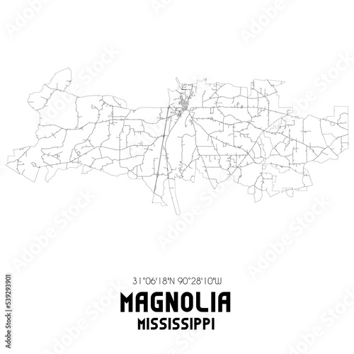 Magnolia Mississippi. US street map with black and white lines.