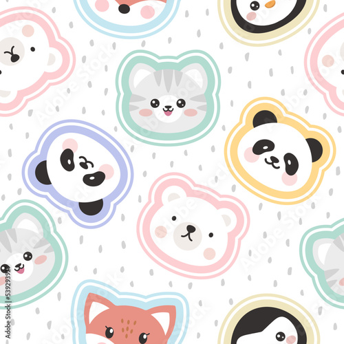 Dashed colorful animals seamless pattern for kids, polar bear, penguin, fox, panda, kitten cute faces with pink, yellow, purple, blue, green strokes. Baby boy and girl fabric print.