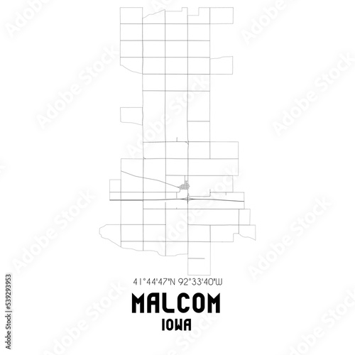 Malcom Iowa. US street map with black and white lines. photo