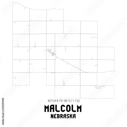 Malcolm Nebraska. US street map with black and white lines.