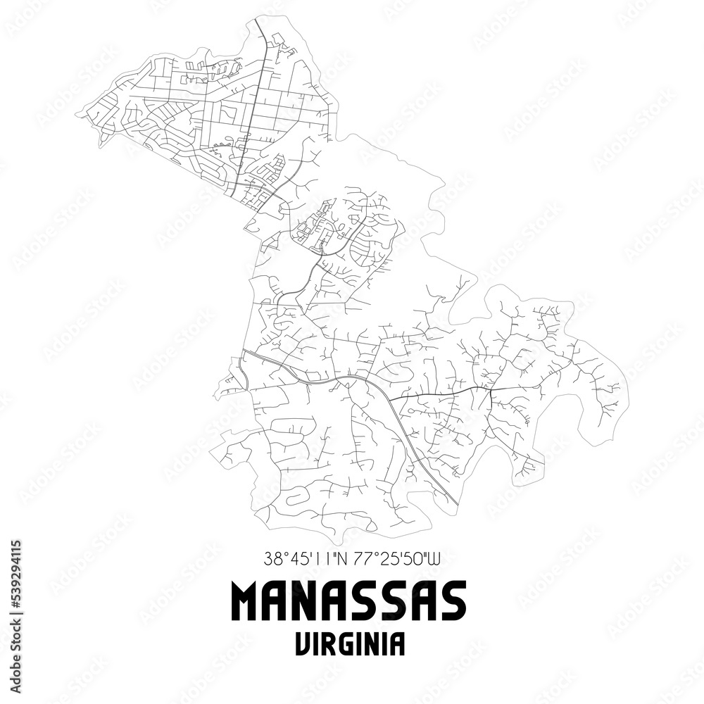Manassas Virginia. US street map with black and white lines. Stock