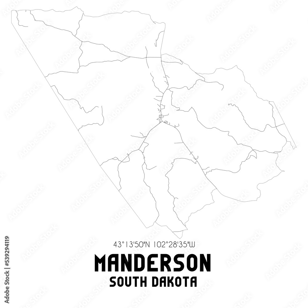Manderson South Dakota. US street map with black and white lines.