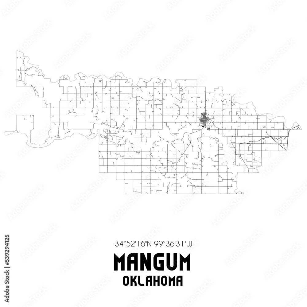 Mangum Oklahoma. US street map with black and white lines. Mangum Oklahoma. US street map with black and white lines.