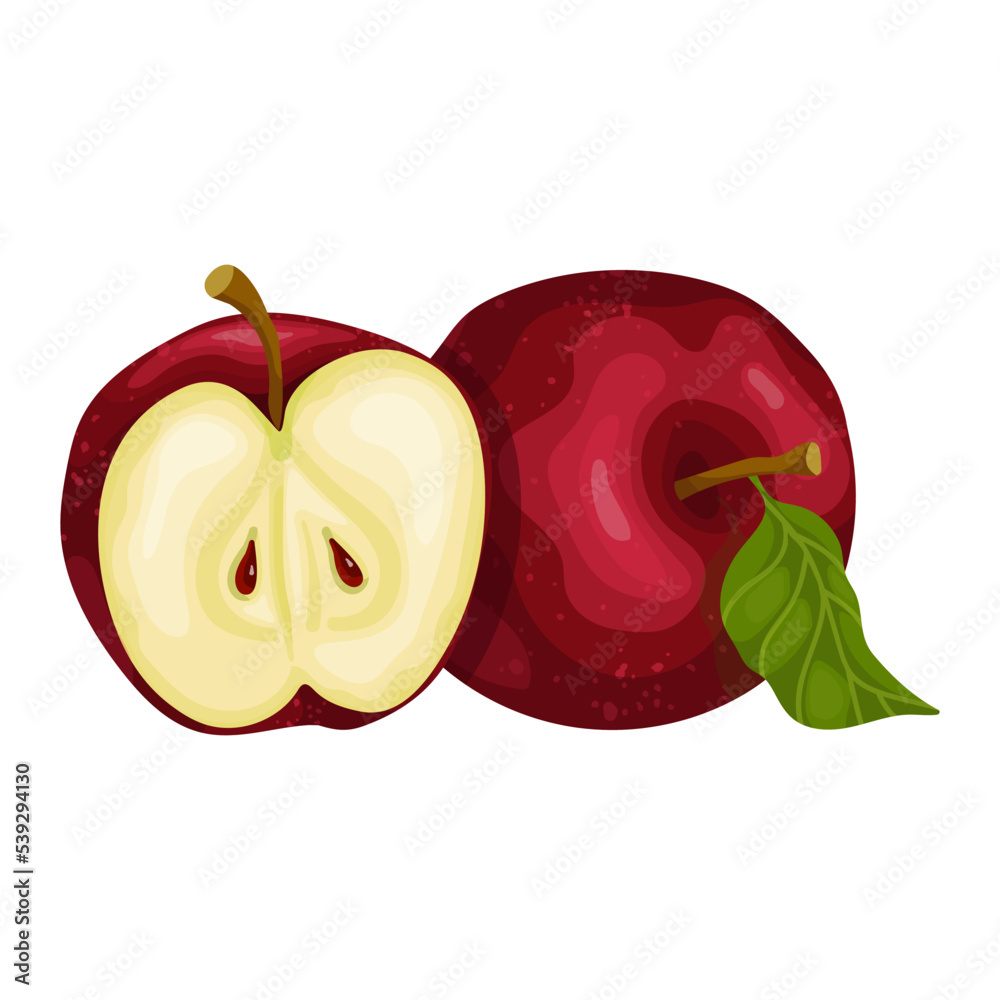 Ripe red apple with a piece of healthy fruit.Cartoon vector graphic ...