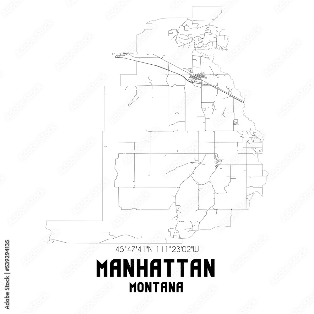Manhattan Montana. US street map with black and white lines.