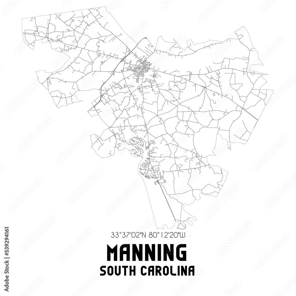 Manning South Carolina. US street map with black and white lines.