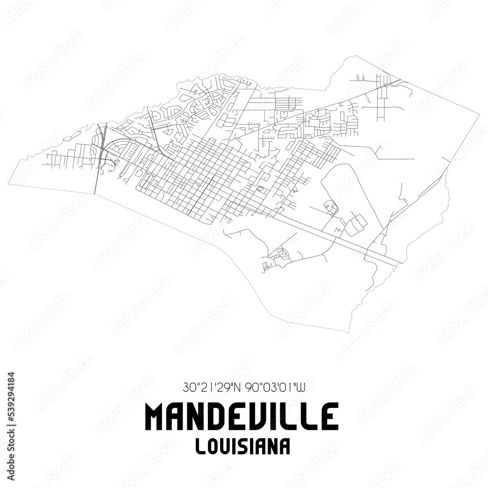 Mandeville Louisiana. US street map with black and white lines. Stock
