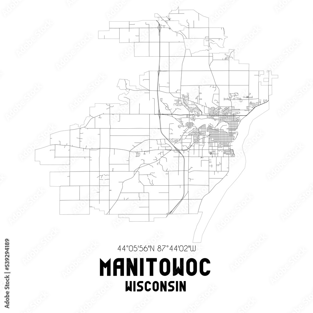 Manitowoc Wisconsin. US street map with black and white lines.