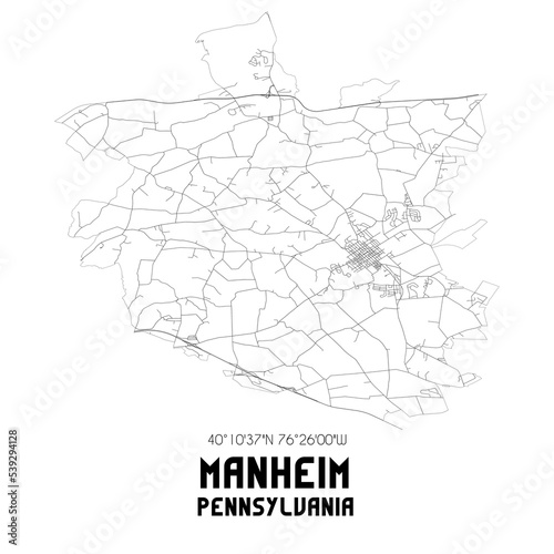 Manheim Pennsylvania. US street map with black and white lines.
