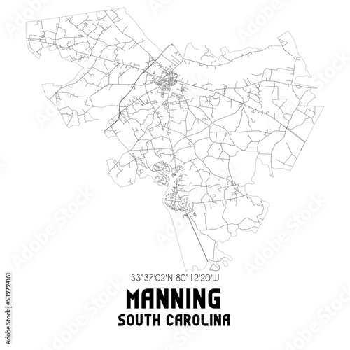 Manning South Carolina. US street map with black and white lines.