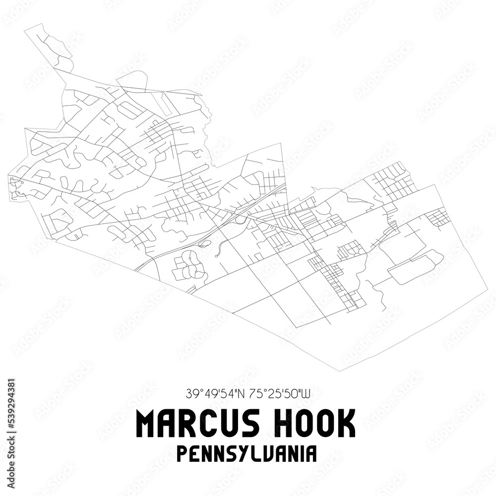 Marcus Hook Pennsylvania. US street map with black and white lines.