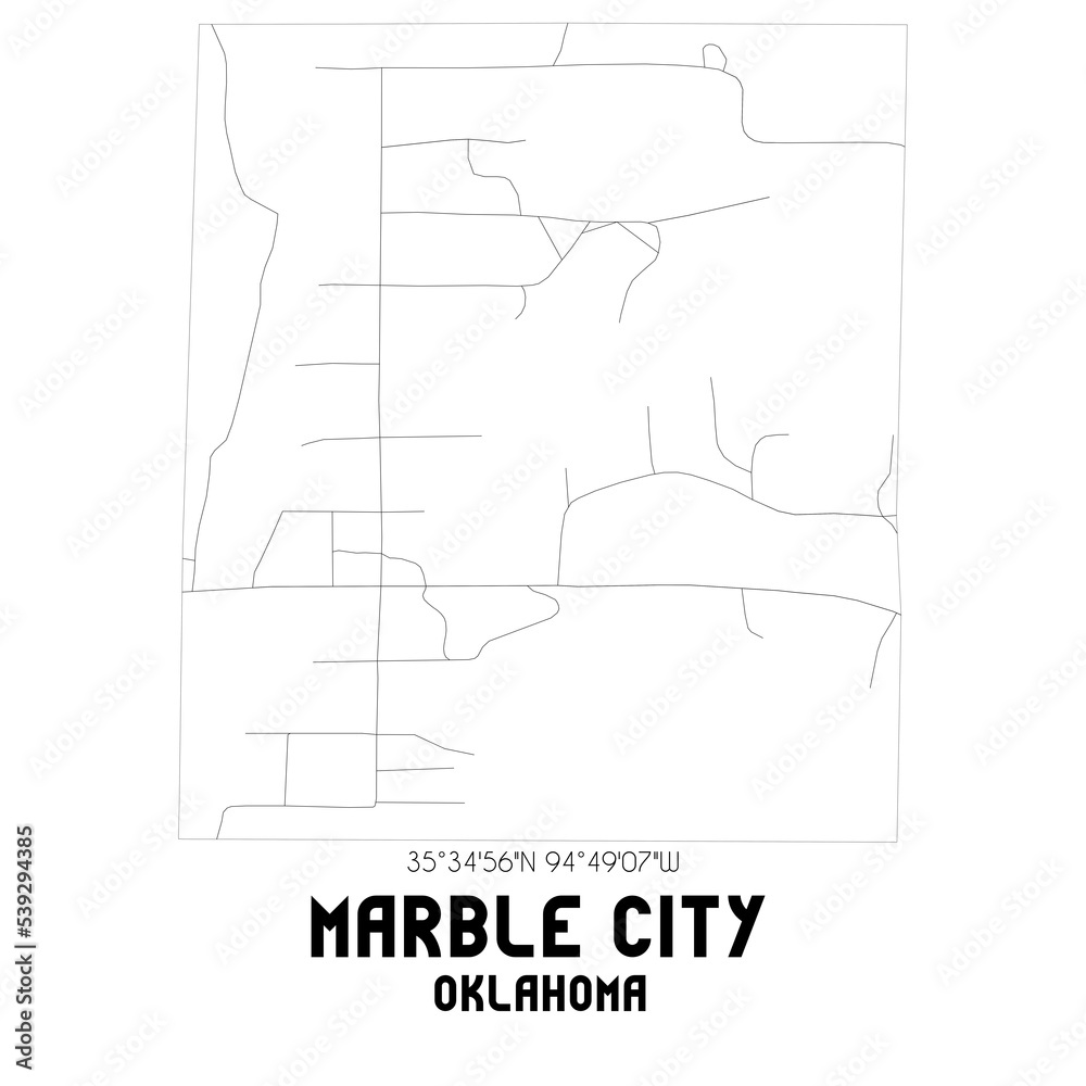 Marble City Oklahoma. US street map with black and white lines.