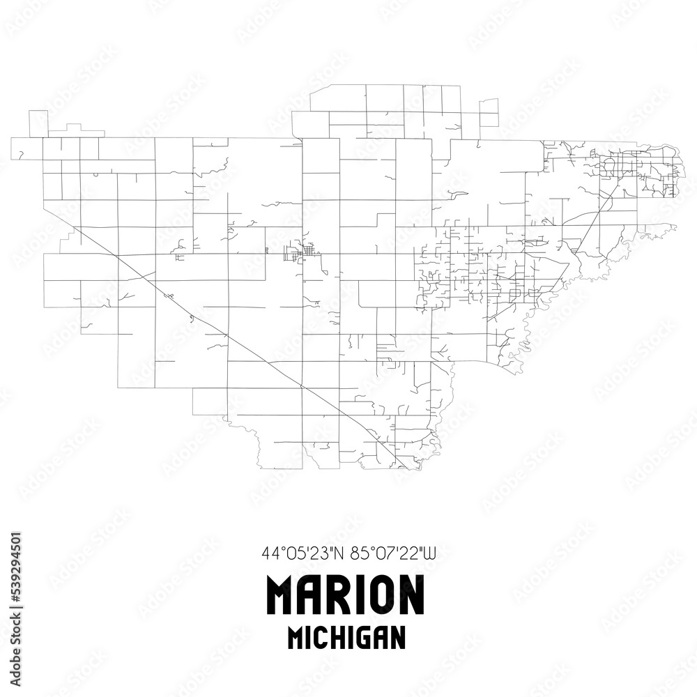 Marion Michigan. US street map with black and white lines.