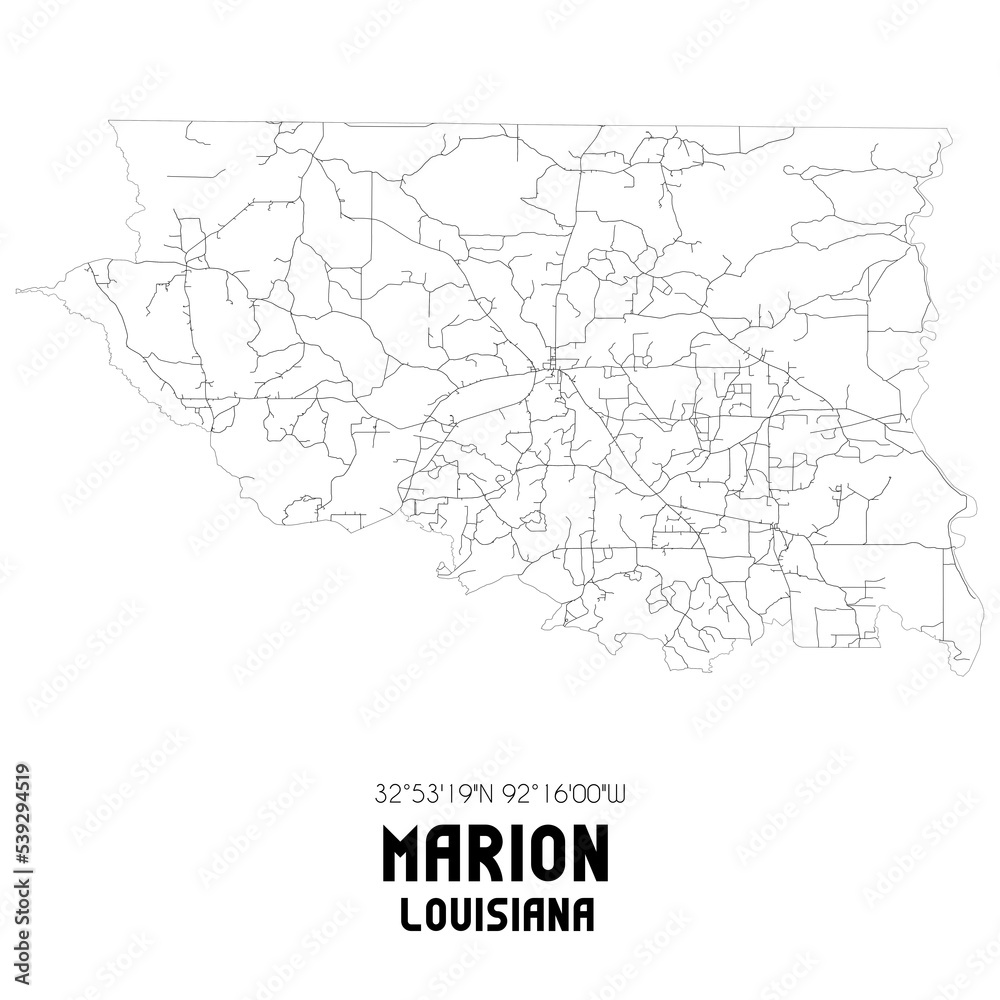 Marion Louisiana. US street map with black and white lines.