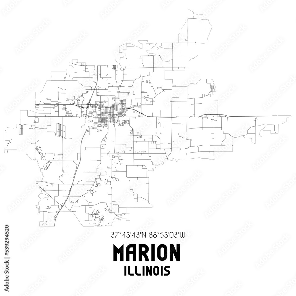 Marion Illinois. US street map with black and white lines.
