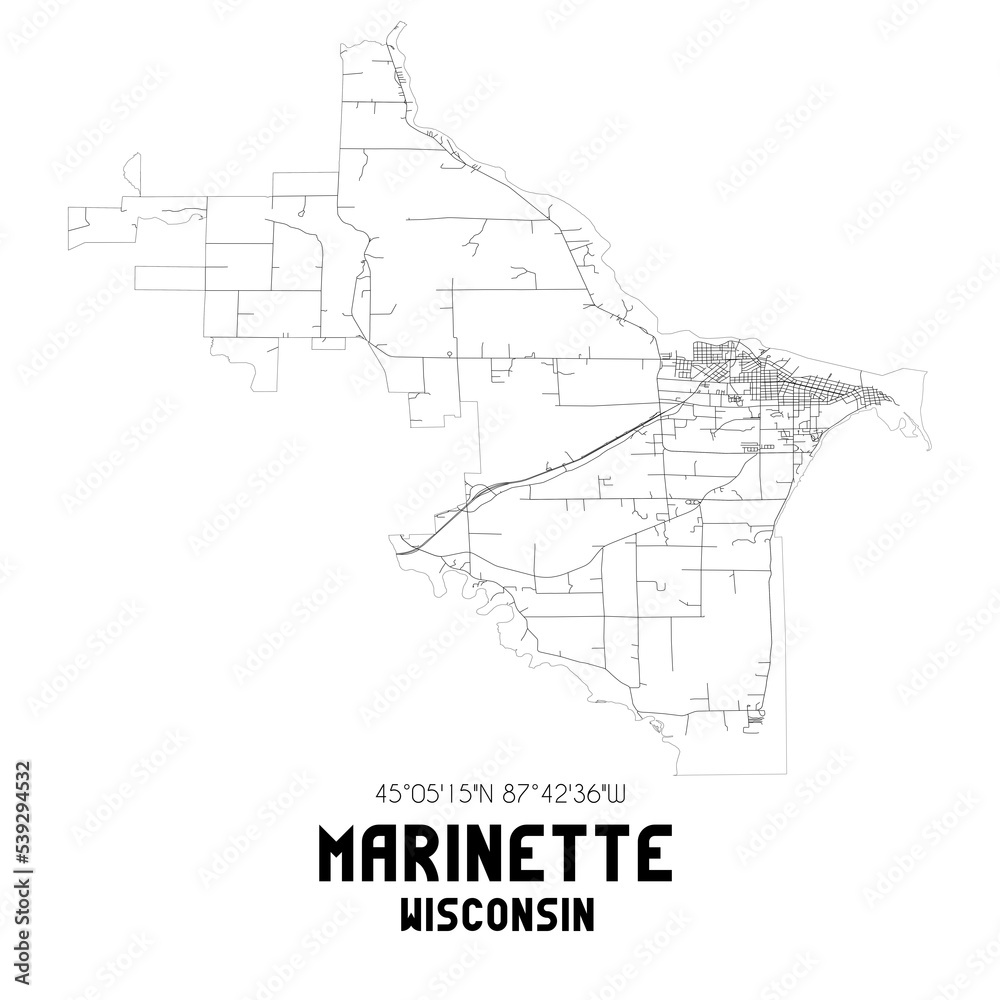 Marinette Wisconsin. US street map with black and white lines.