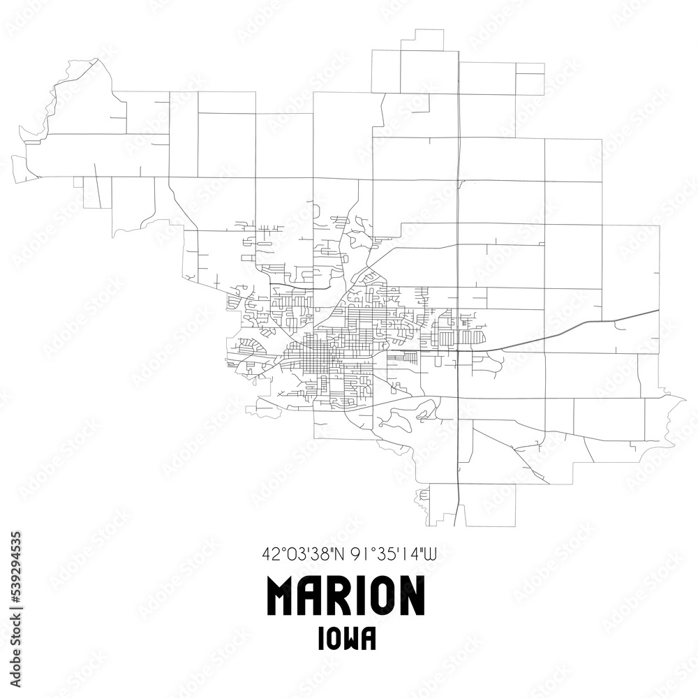 Marion Iowa. US street map with black and white lines.