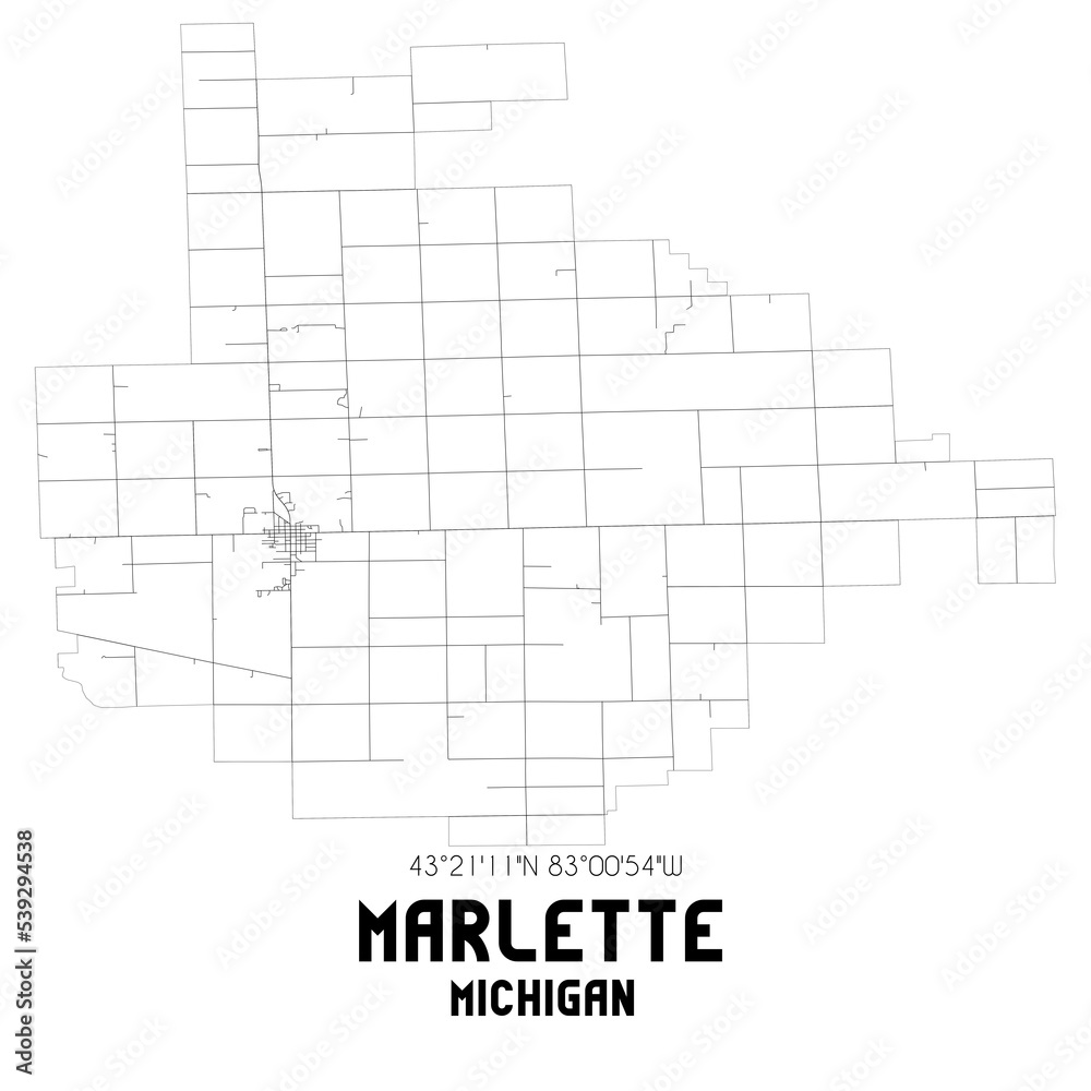 Marlette Michigan. US street map with black and white lines. Marlette Michigan. US street map with black and white lines.